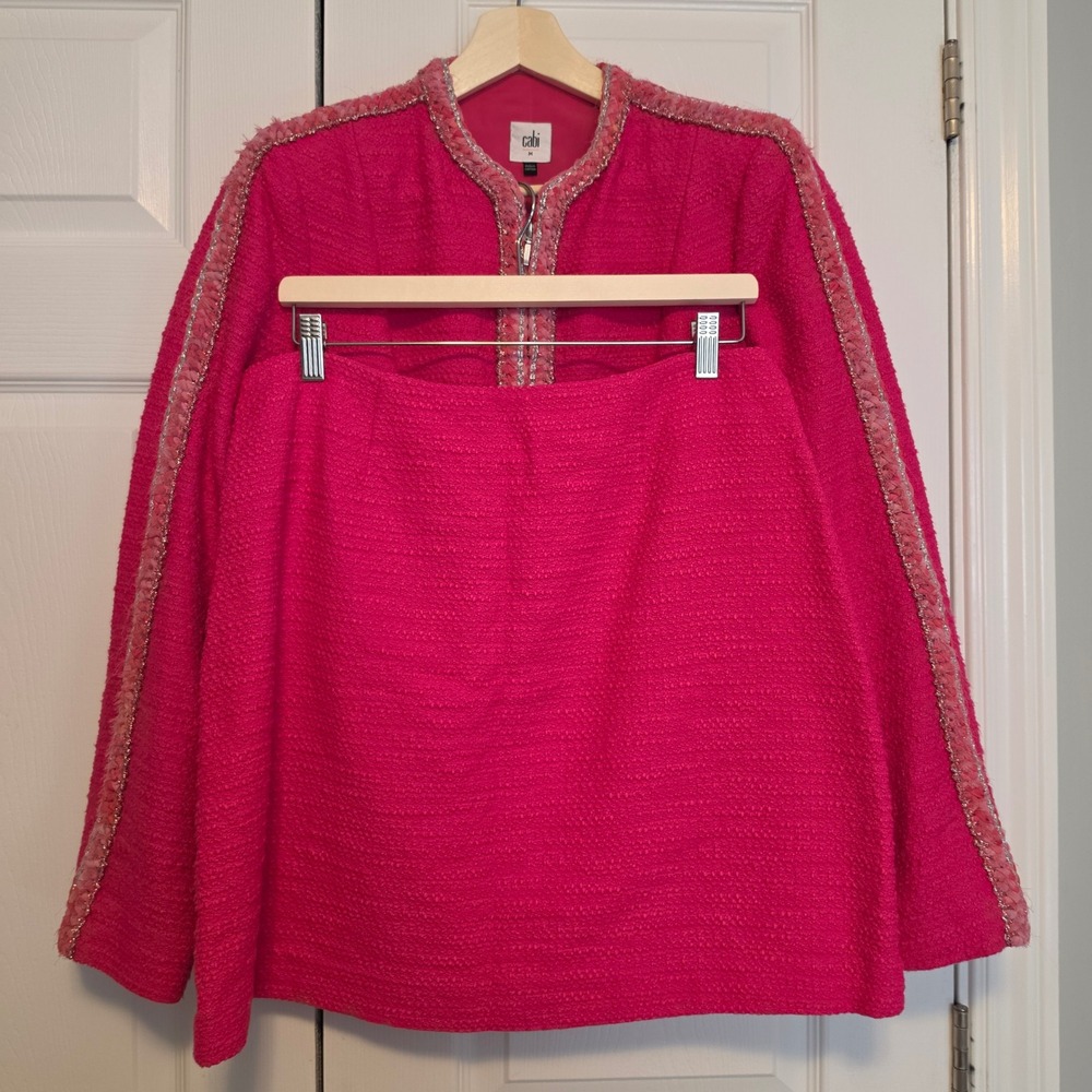 Cabi Hot Pink Tweed Boucle Jacket and Skirt Set Braided Silver Trim Size Medium
